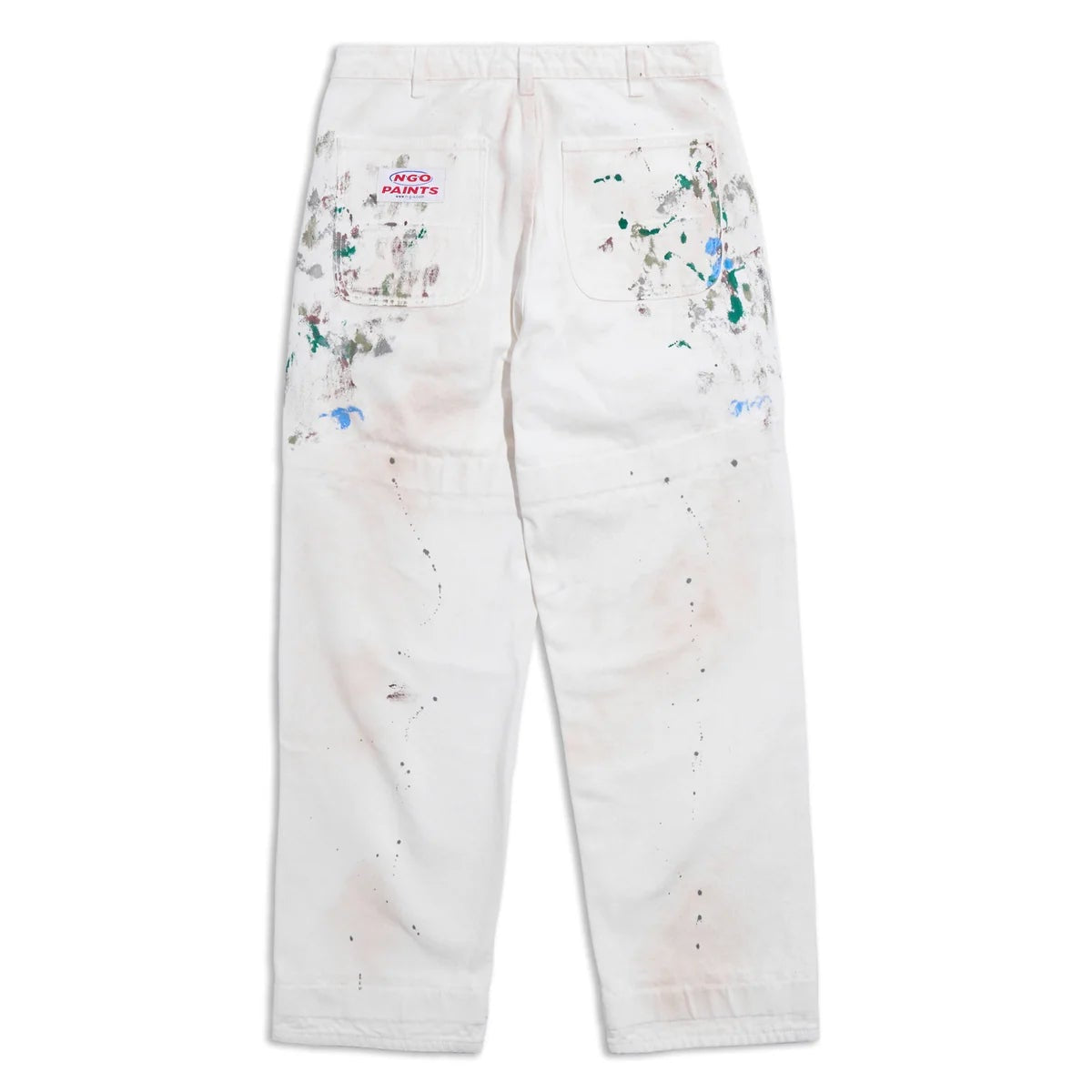 White pants with paint splatter details on a white background