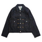 Raw indigo denim jacket on a white background