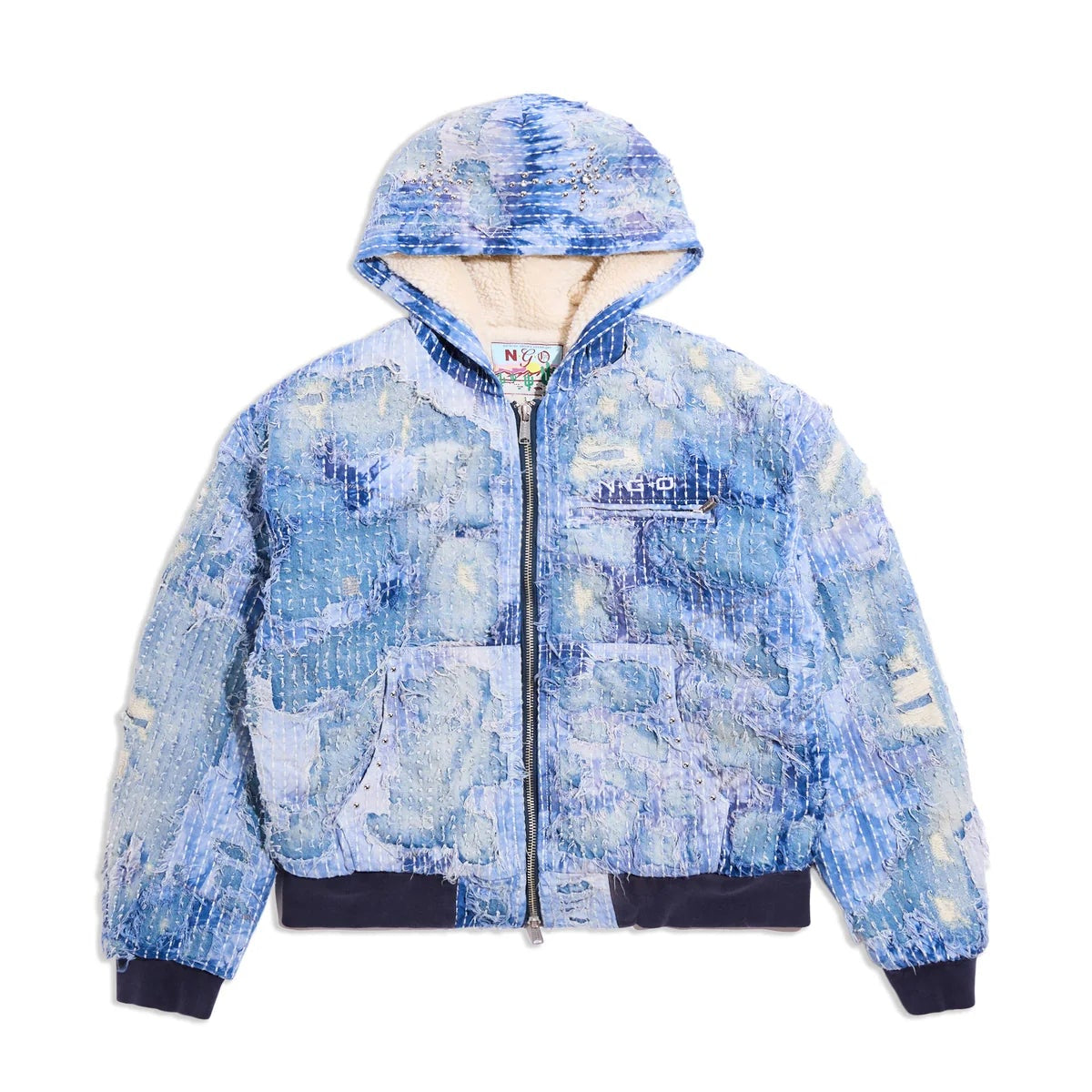 Blue patterned jacket with a hood on a white background