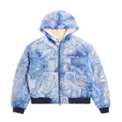 Blue patterned jacket with a hood on a white background