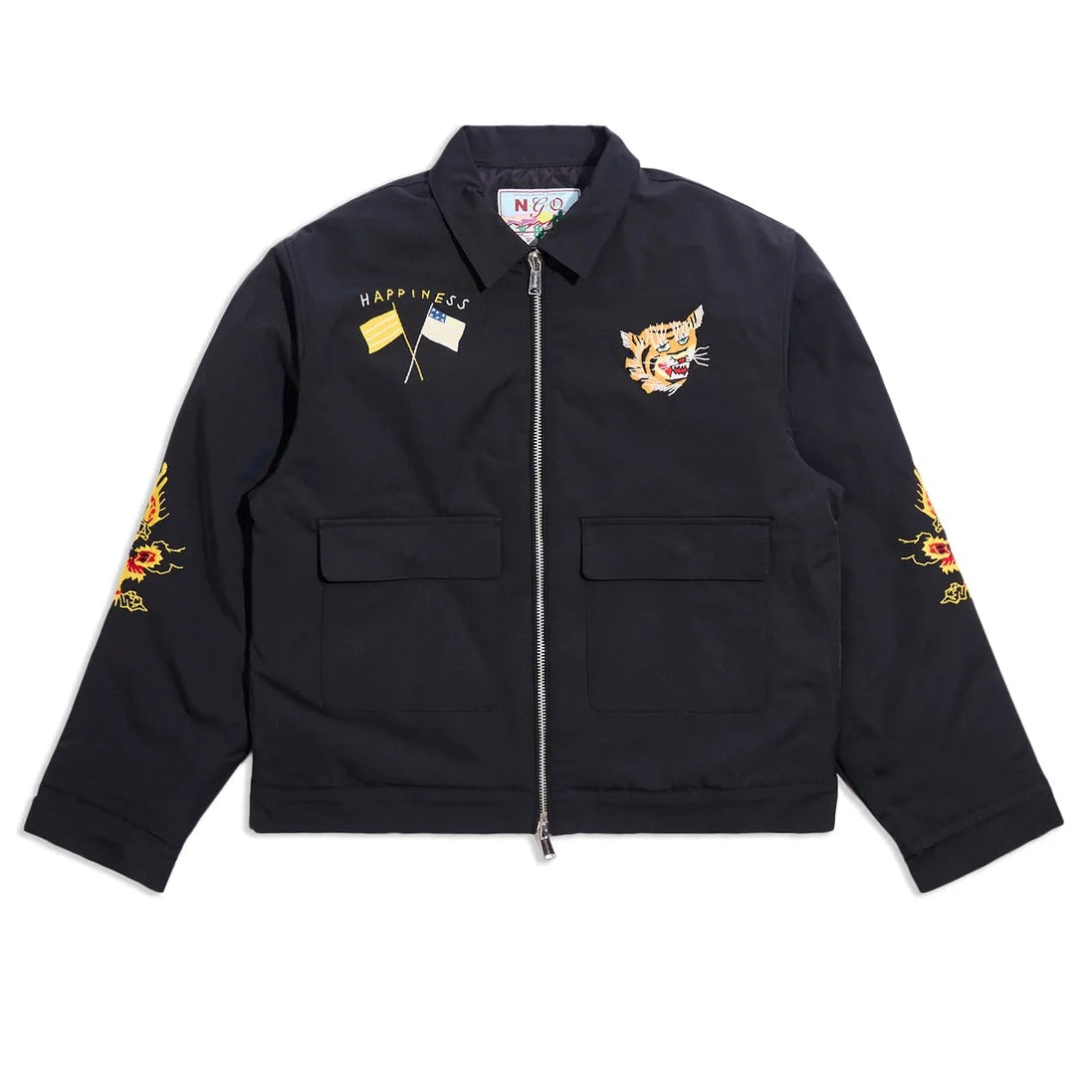 Black jacket with colorful embroidery on a white background