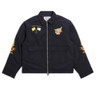 Black jacket with colorful embroidery on a white background