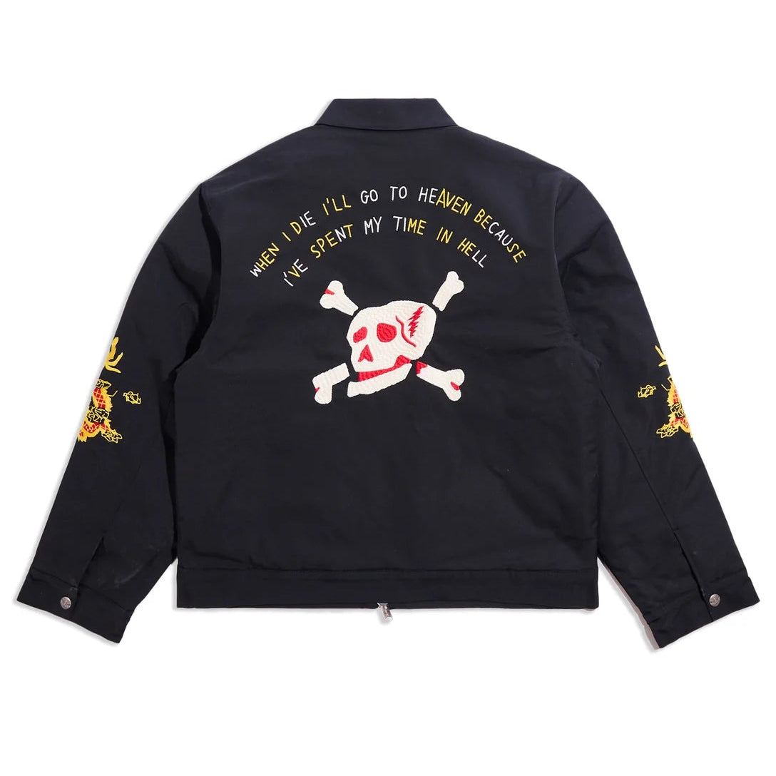 Black jacket with skull and crossbones design on a white background