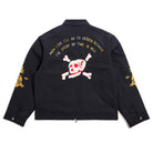 Black jacket with skull and crossbones design on a white background
