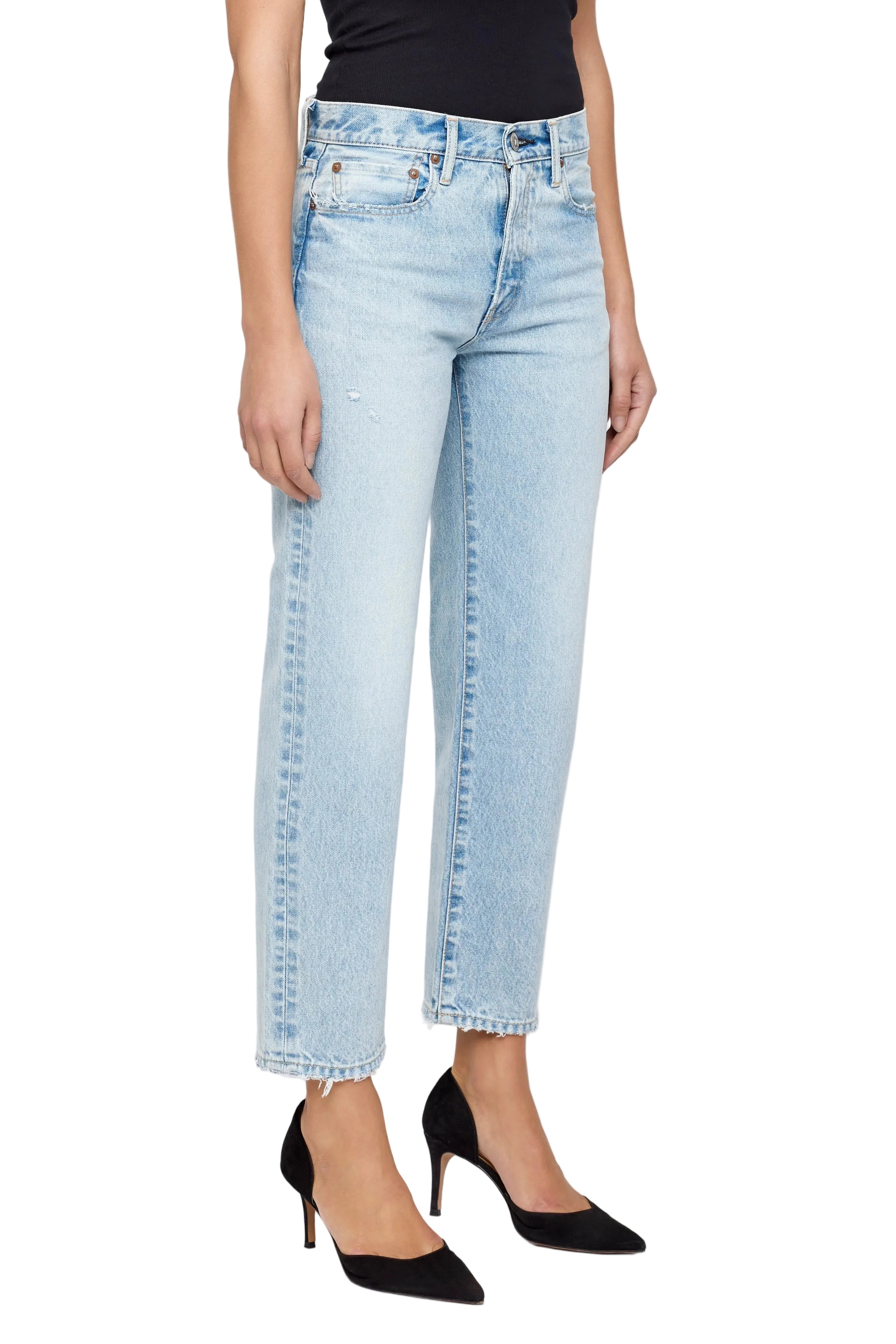 Light blue jeans worn by a person on a white background