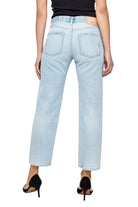 Light blue jeans worn by a person on a white background