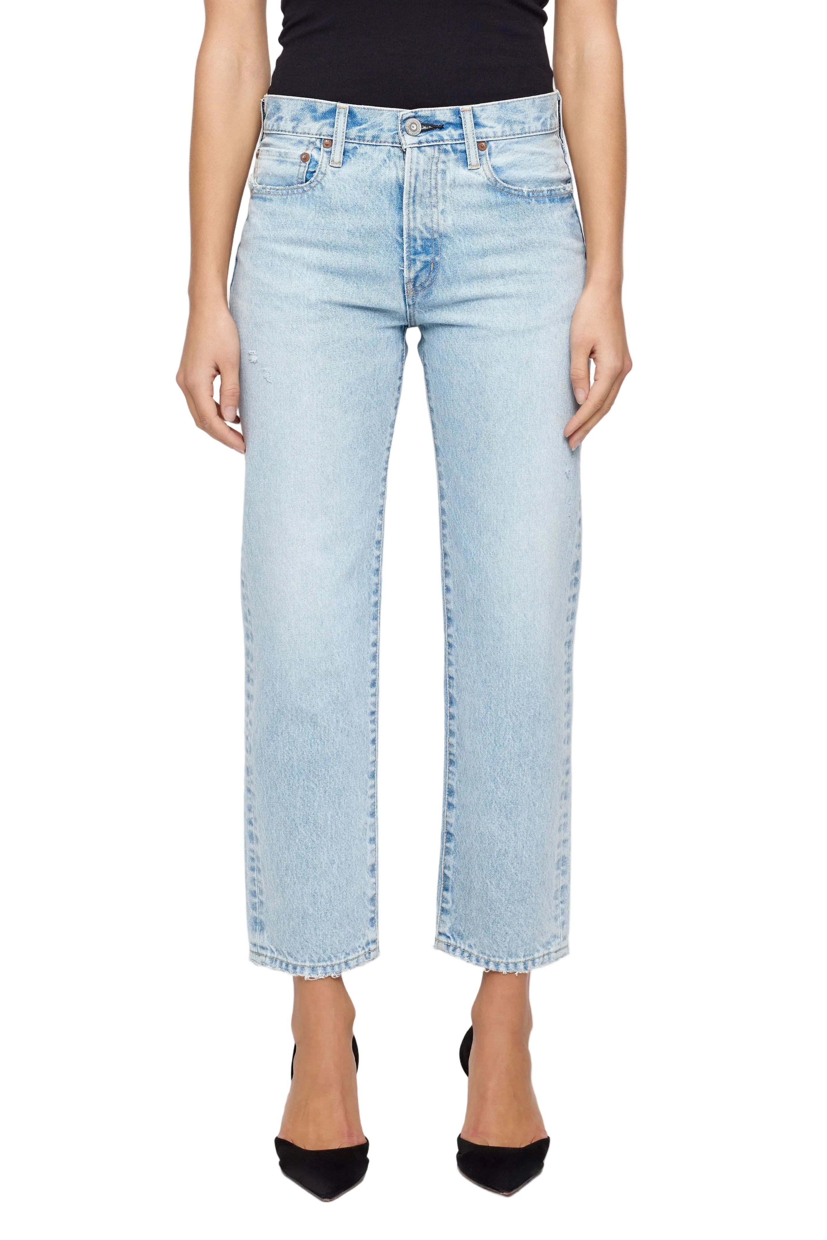 Light blue jeans worn by a person on a white background