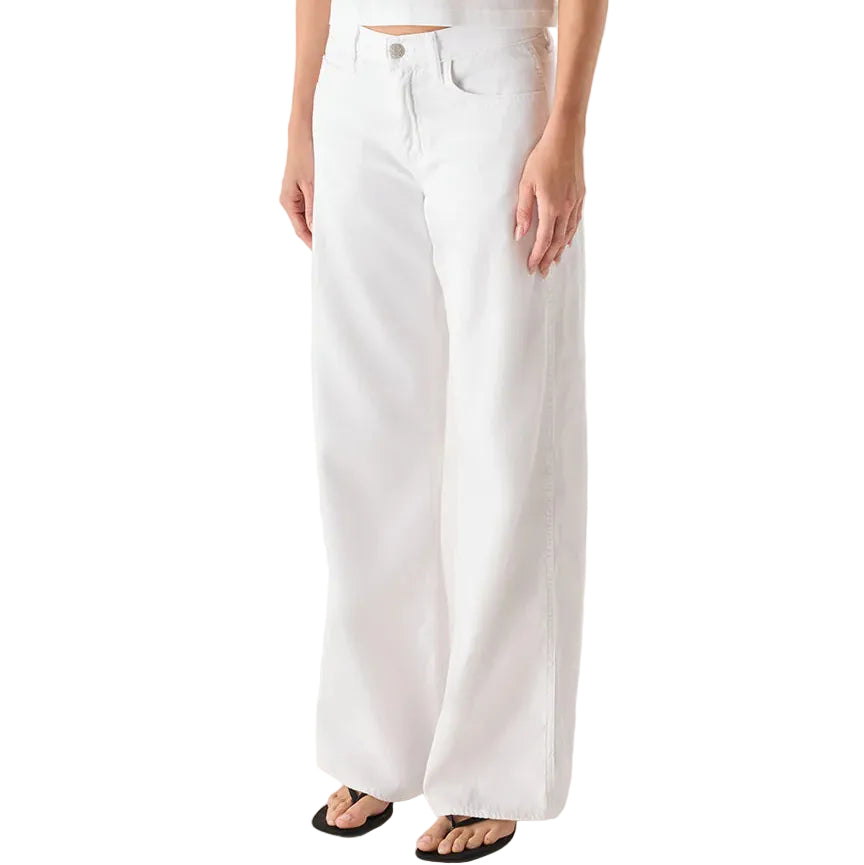 Person in white wide-leg jeans on a white background
