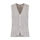 Gray ribbed knit vest with button details on a white background