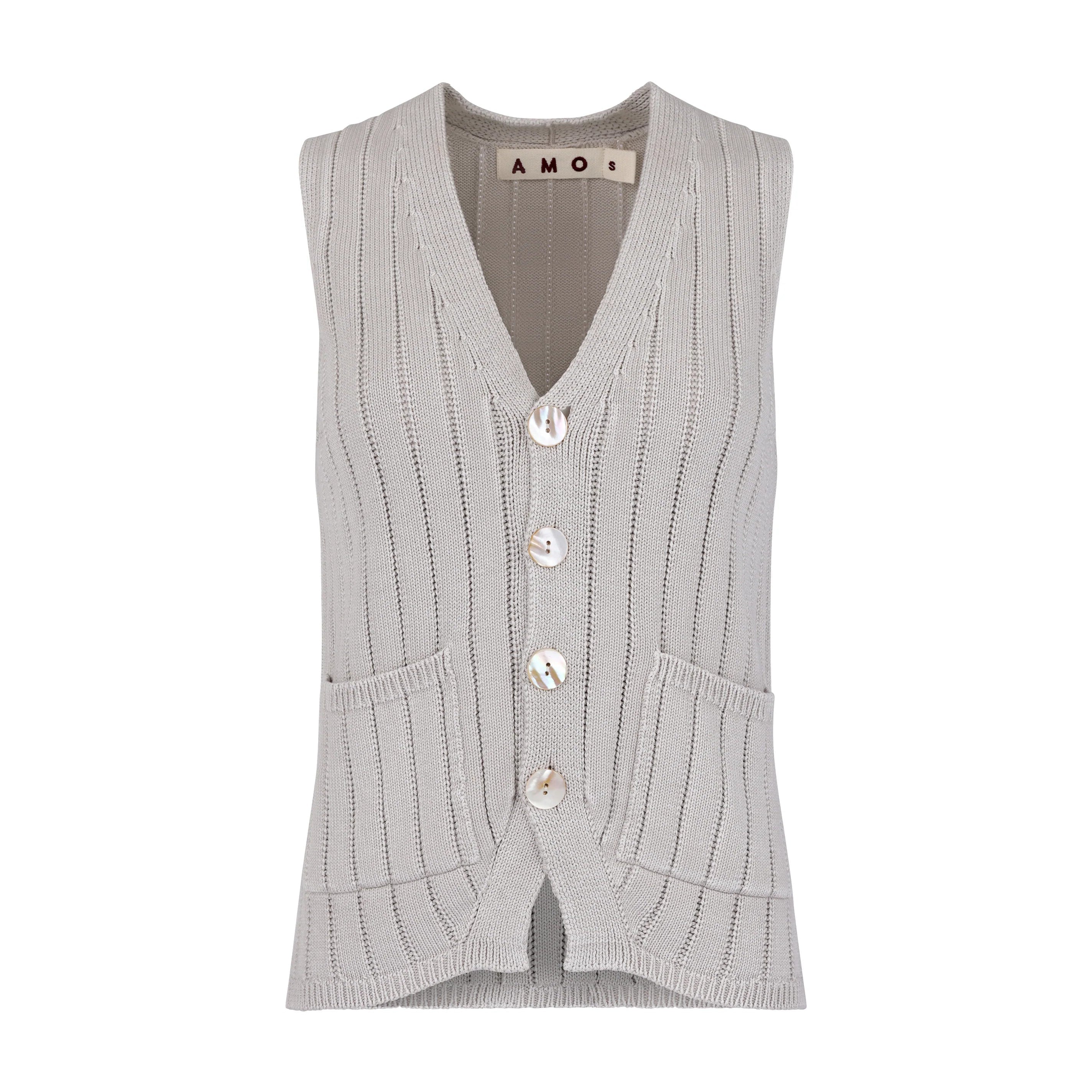 Gray ribbed knit vest with button details on a white background
