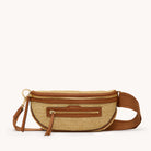 Tan crossbody bag with brown accents on a white background 