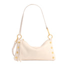 White leather convertible bag with gold accents on a white background