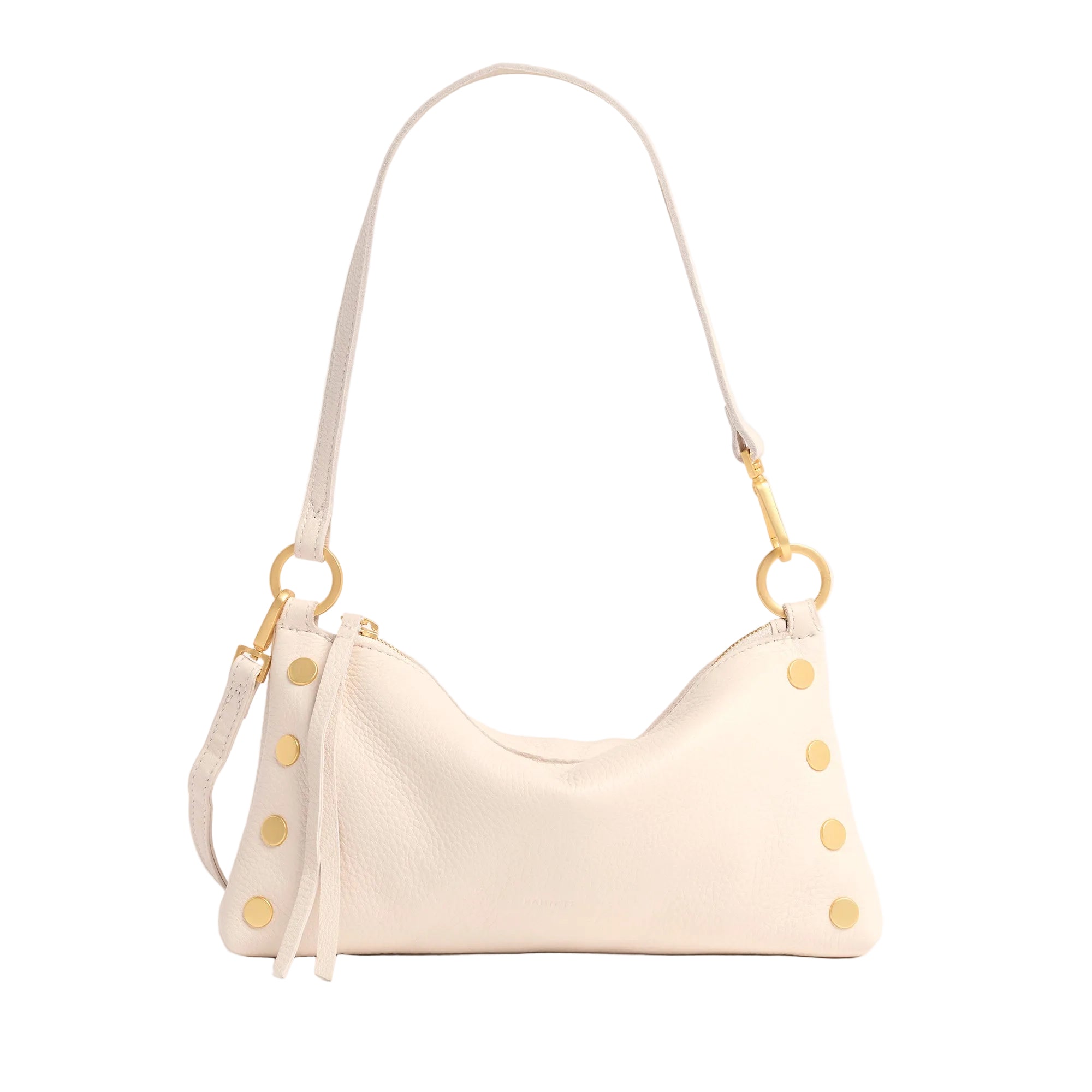 White leather convertible bag with gold accents on a white background