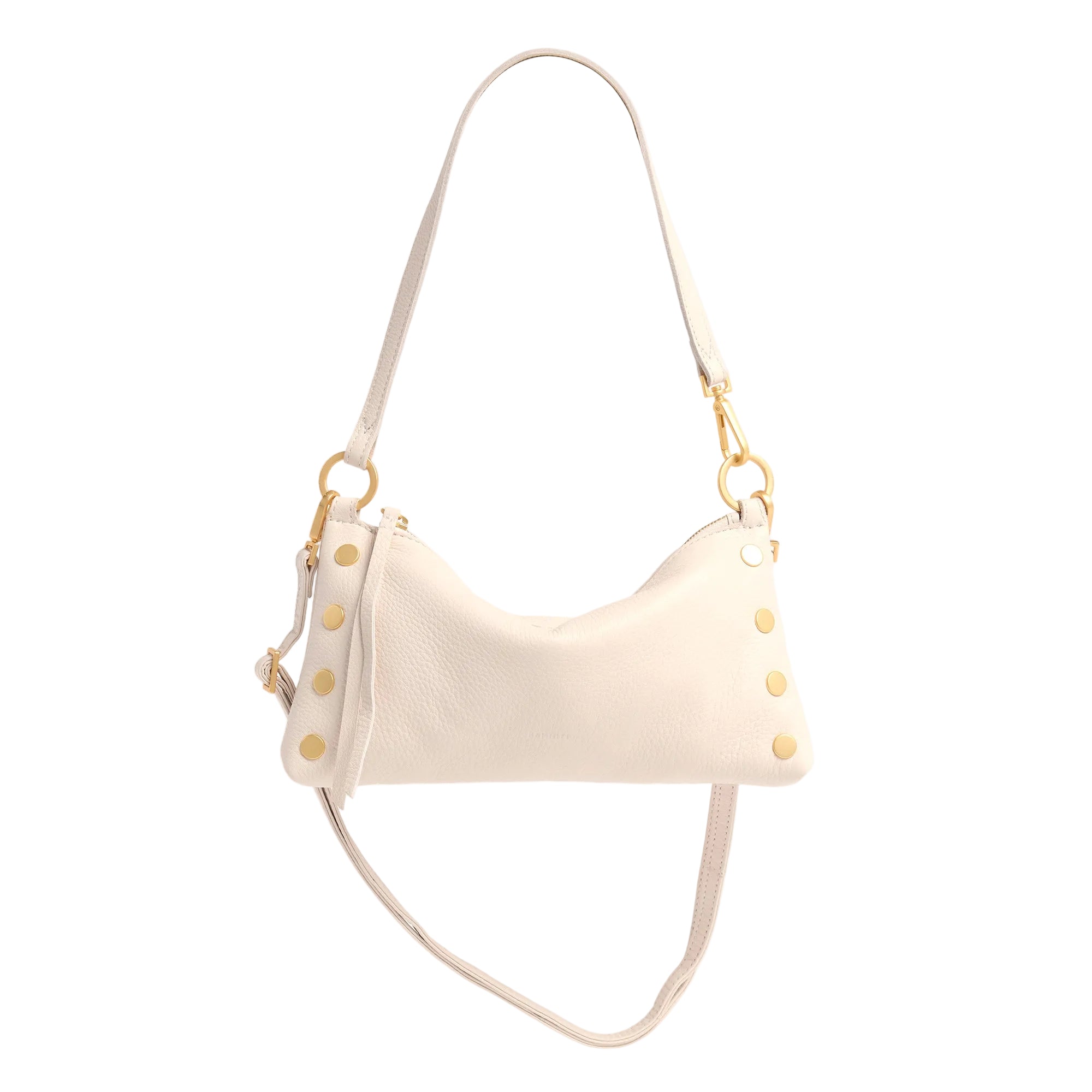 White leather convertible bag with gold accents on a white background