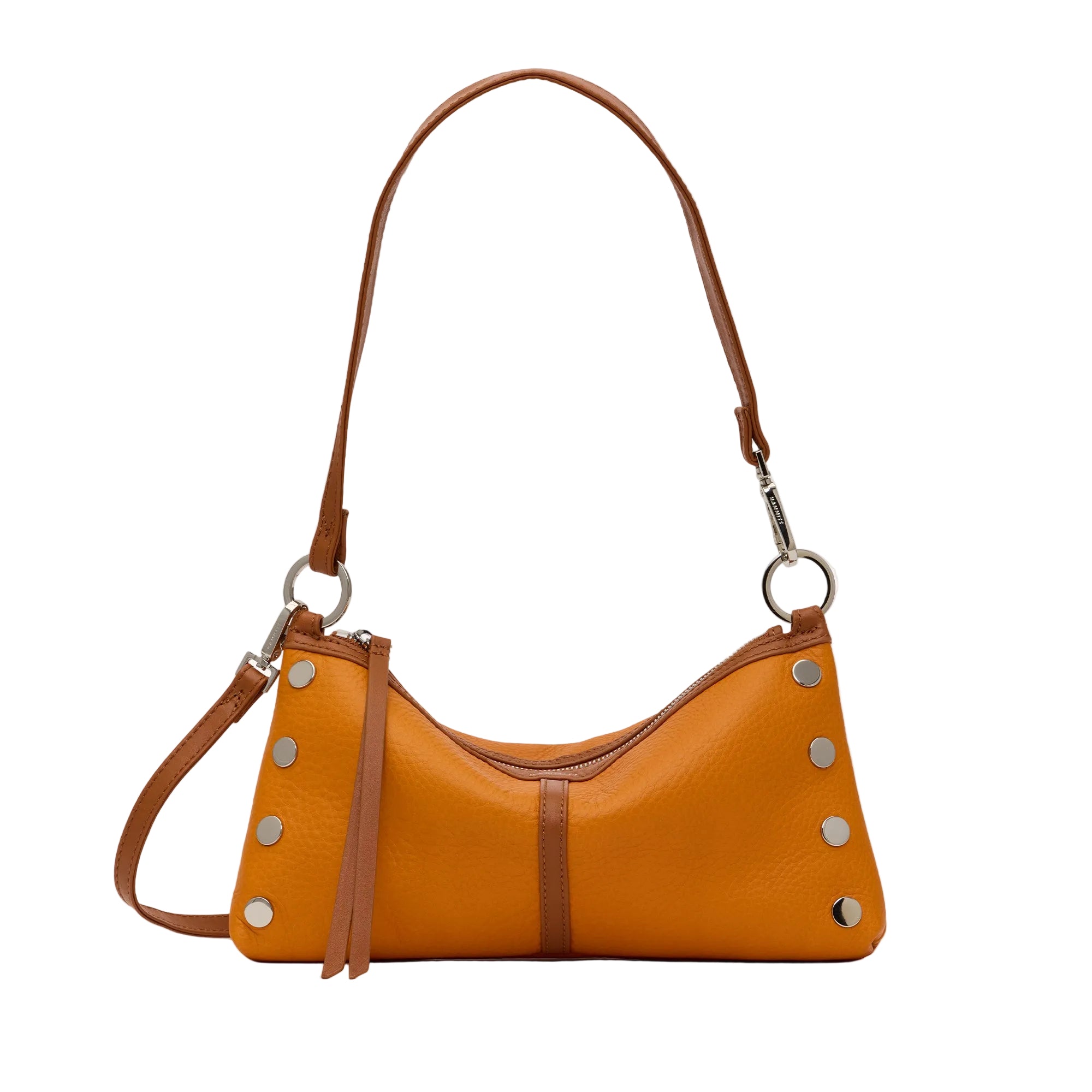 Light brown leather handbag with silver accents on a white background