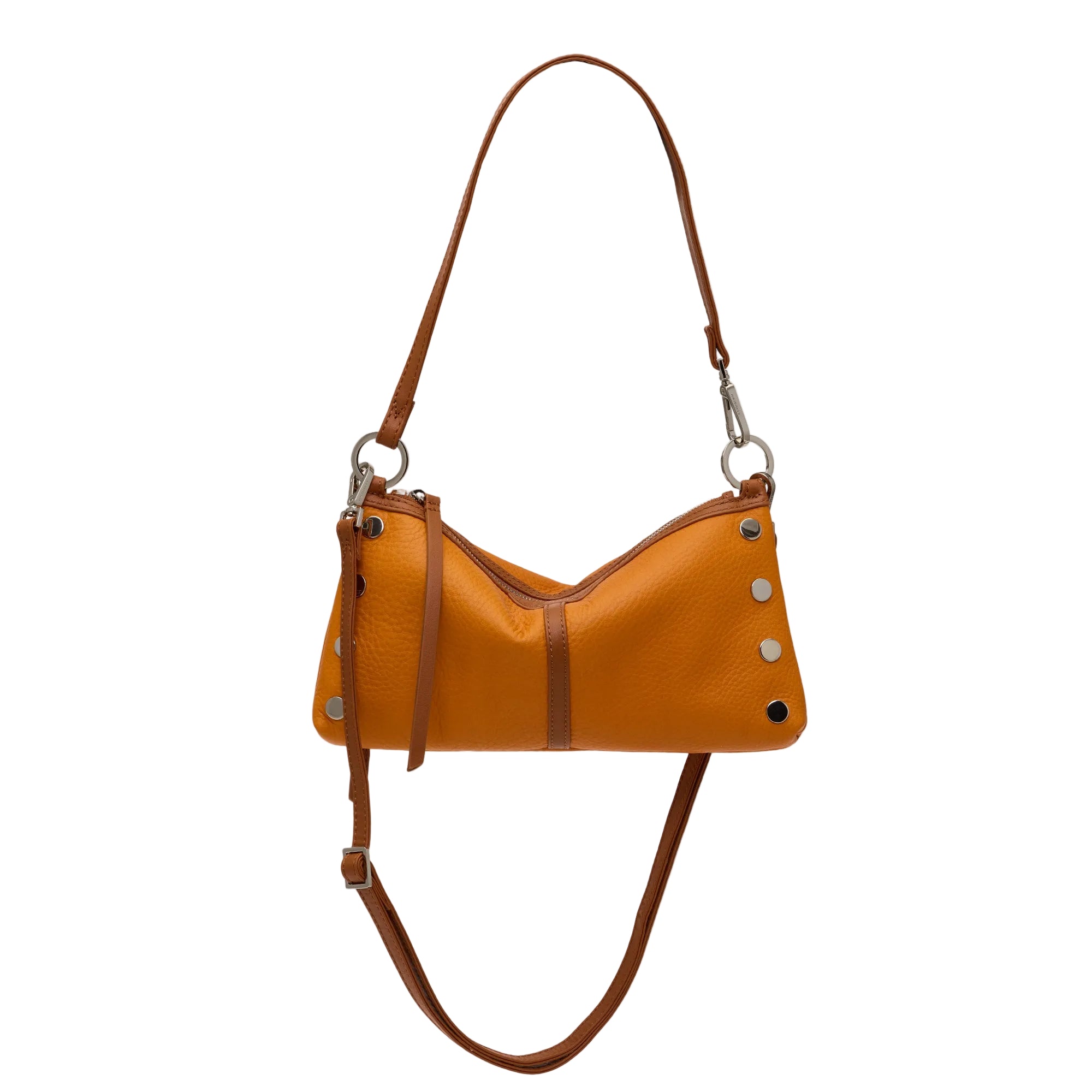 Light brown leather cross body bag with silver accents on a white background