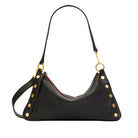 Black leather convertible bag with red and gold accents on a white background