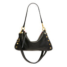 Black leather convertible bag with red and gold accents on a white background