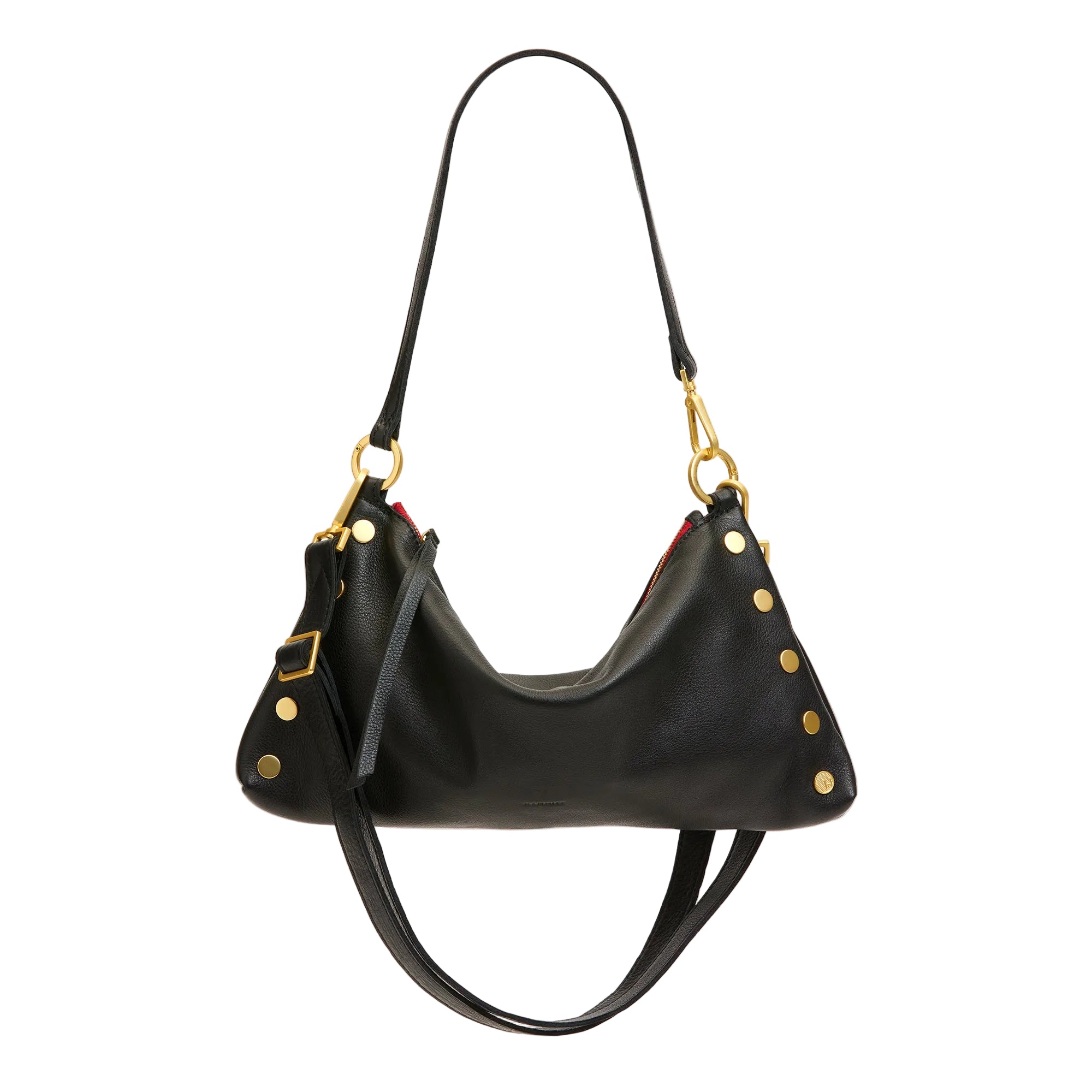 Black leather convertible bag with red and gold accents on a white background