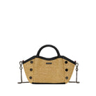Tan textured convertible mini bag with black accents on a white background