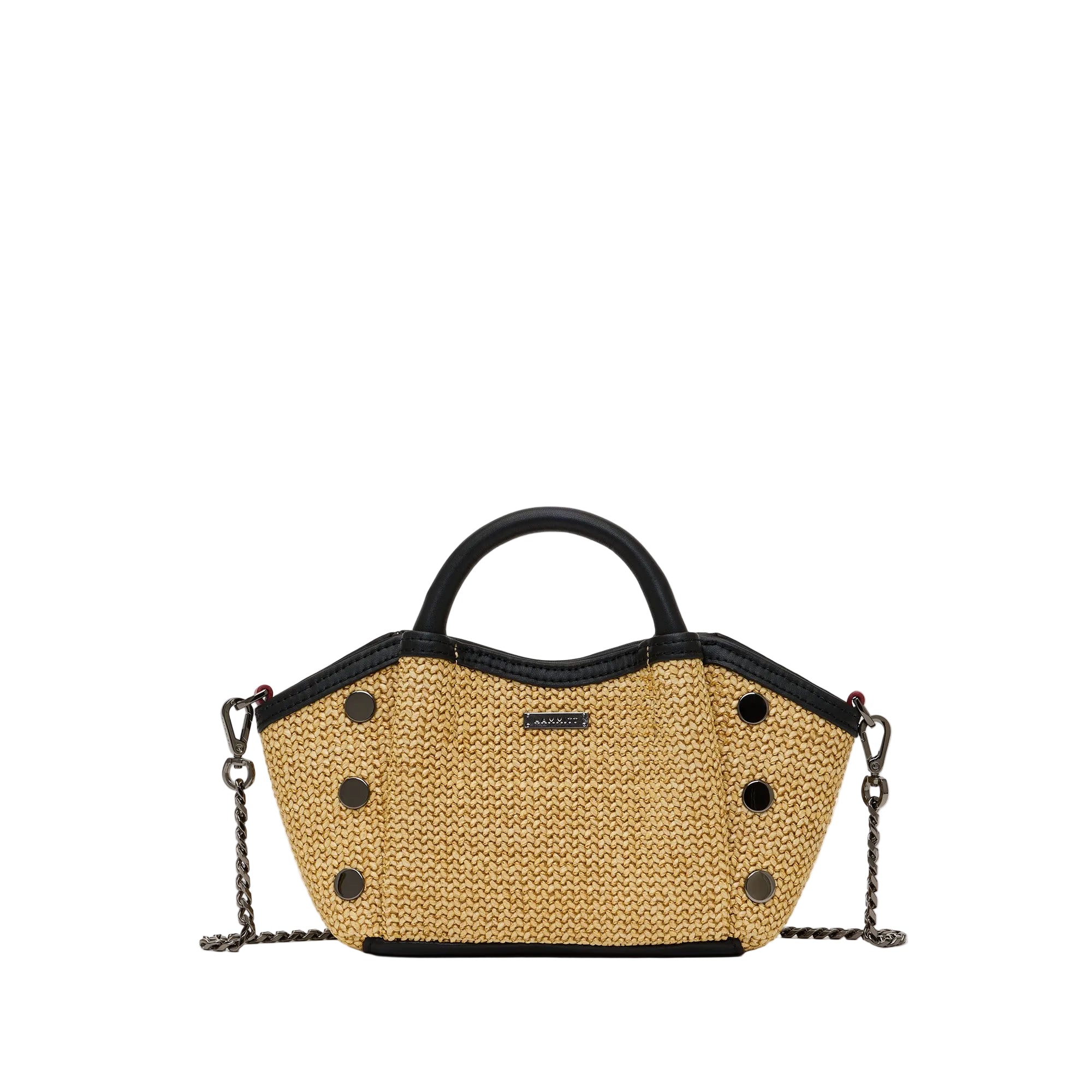 Tan textured convertible mini bag with black accents on a white background