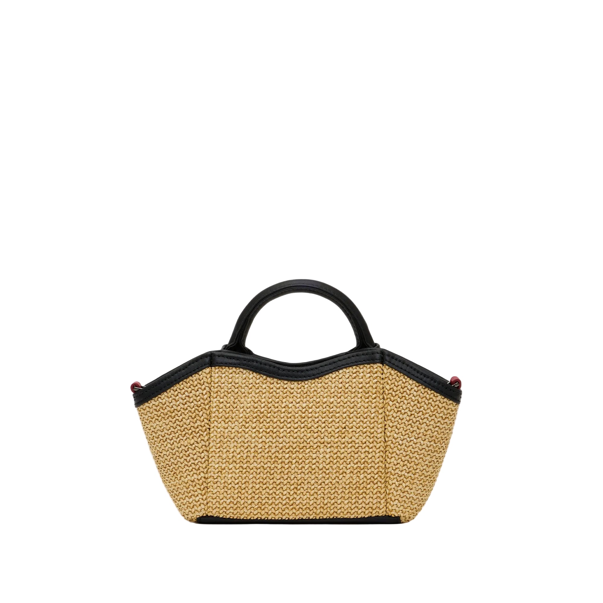 Tan textured convertible mini bag with black accents on a white background