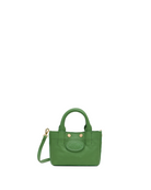 Green mini convertible tote bag with gold accents on a white background
