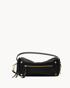 Black handbag with gold accents on a white background