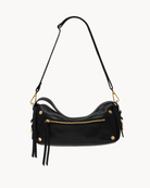 Black handbag with gold accents on a white background