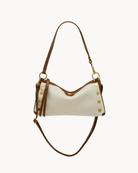 Cream convertible handbag with brown & gold accents on a white background 