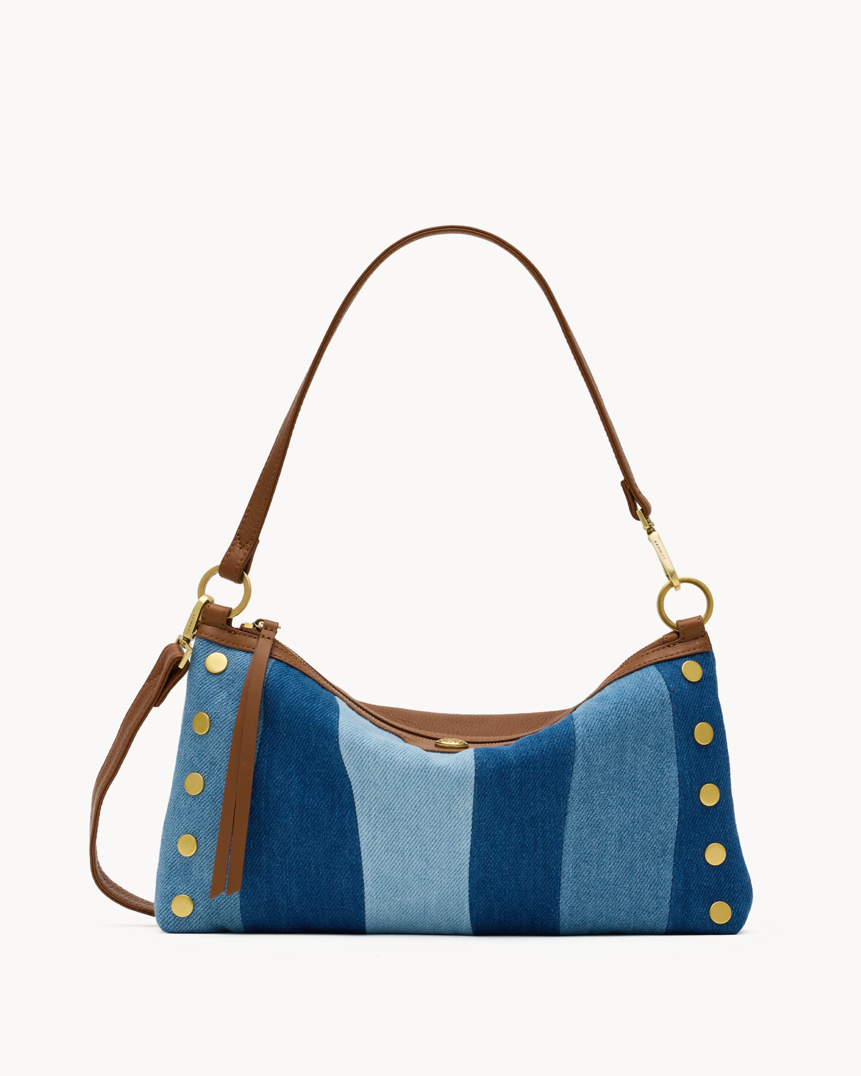 Blue striped convertible bag with brown and gold accents