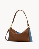 Back of a blue striped convertible bag with brown and gold accents