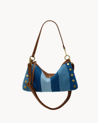 Blue striped convertible bag with brown and gold accents