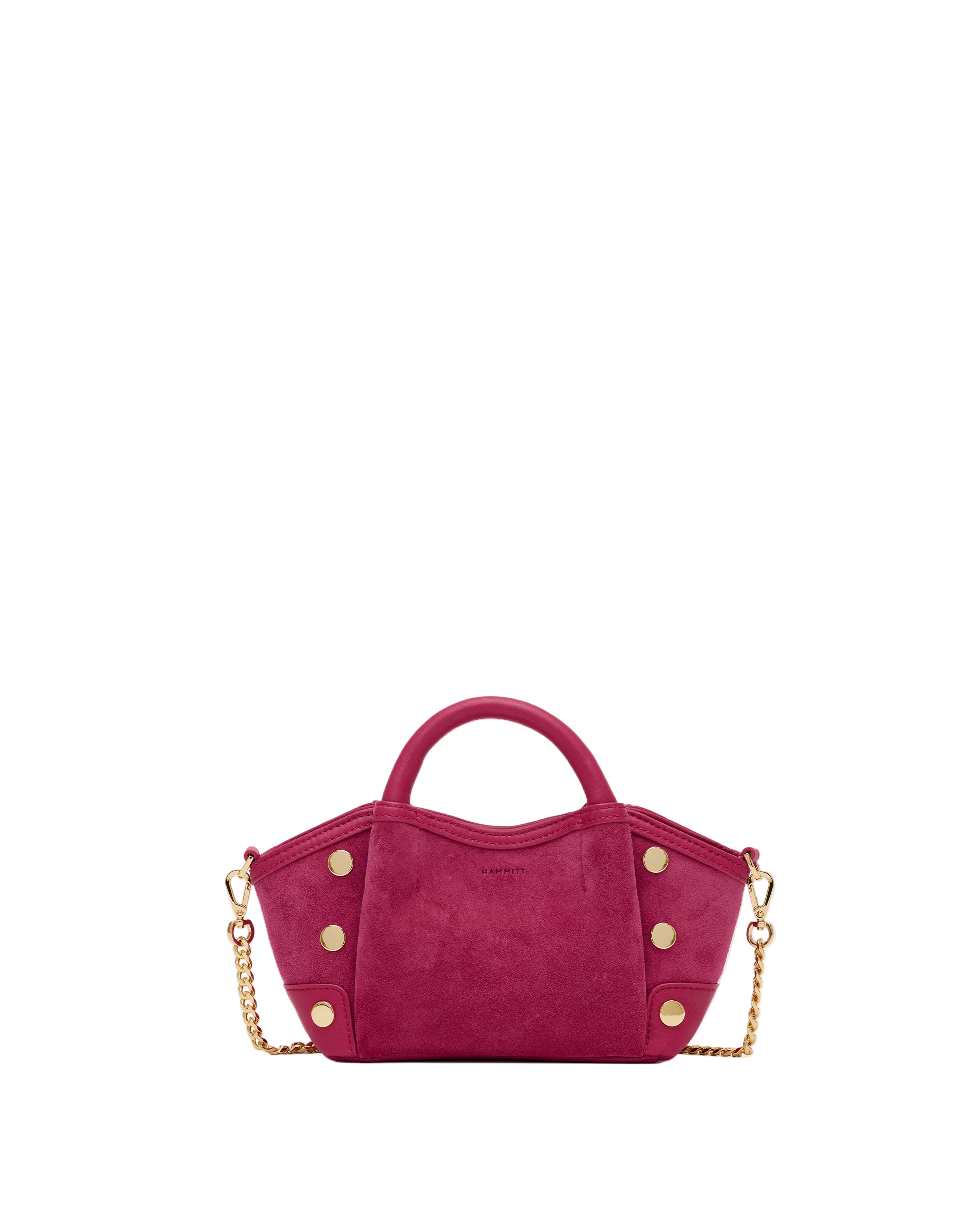 Magenta suede convertible min bag with gold accents on a white background