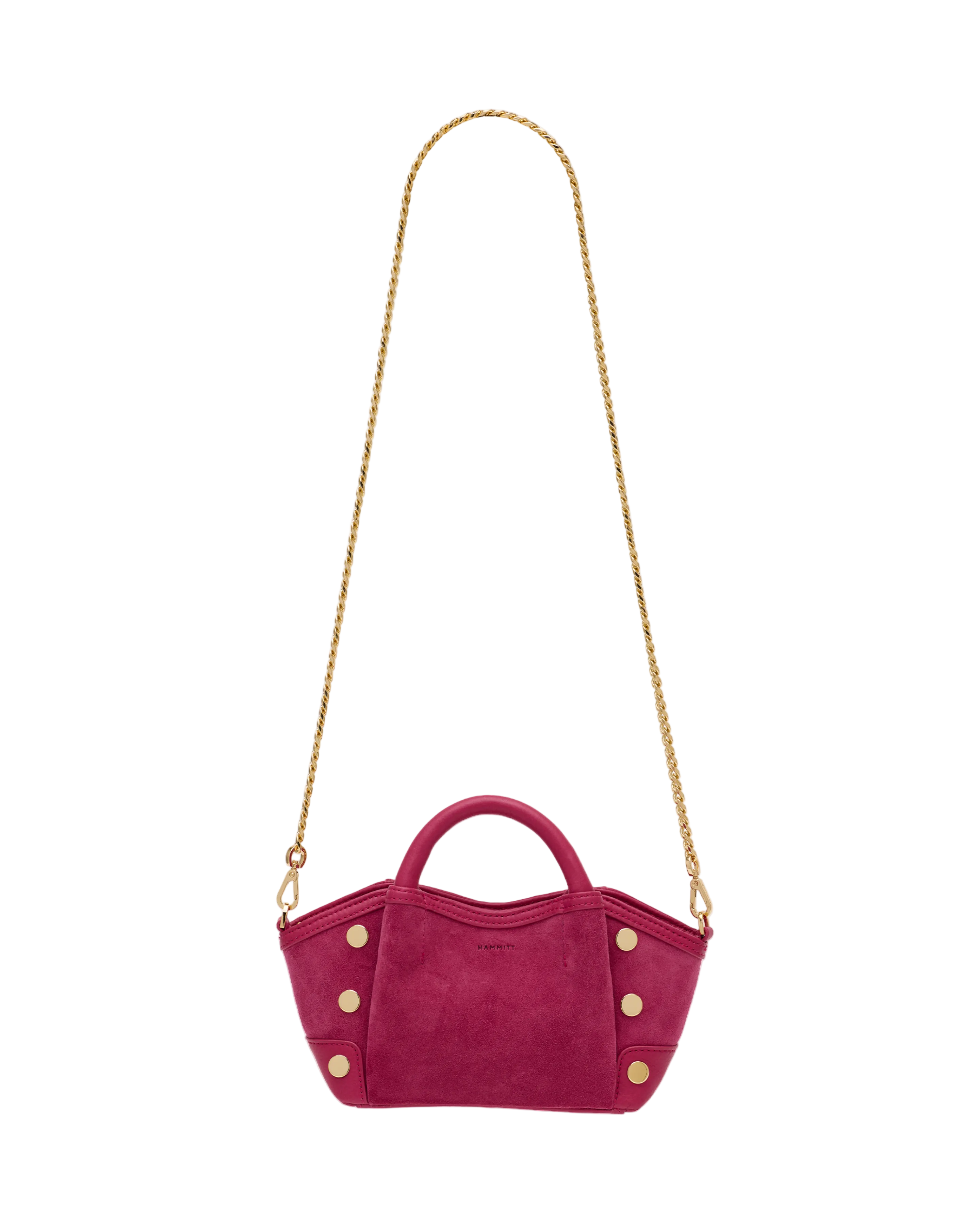 Magenta suede convertible min bag with gold accents on a white background