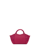 Back view of a magenta suede convertible mini bag with gold accents on a white background
