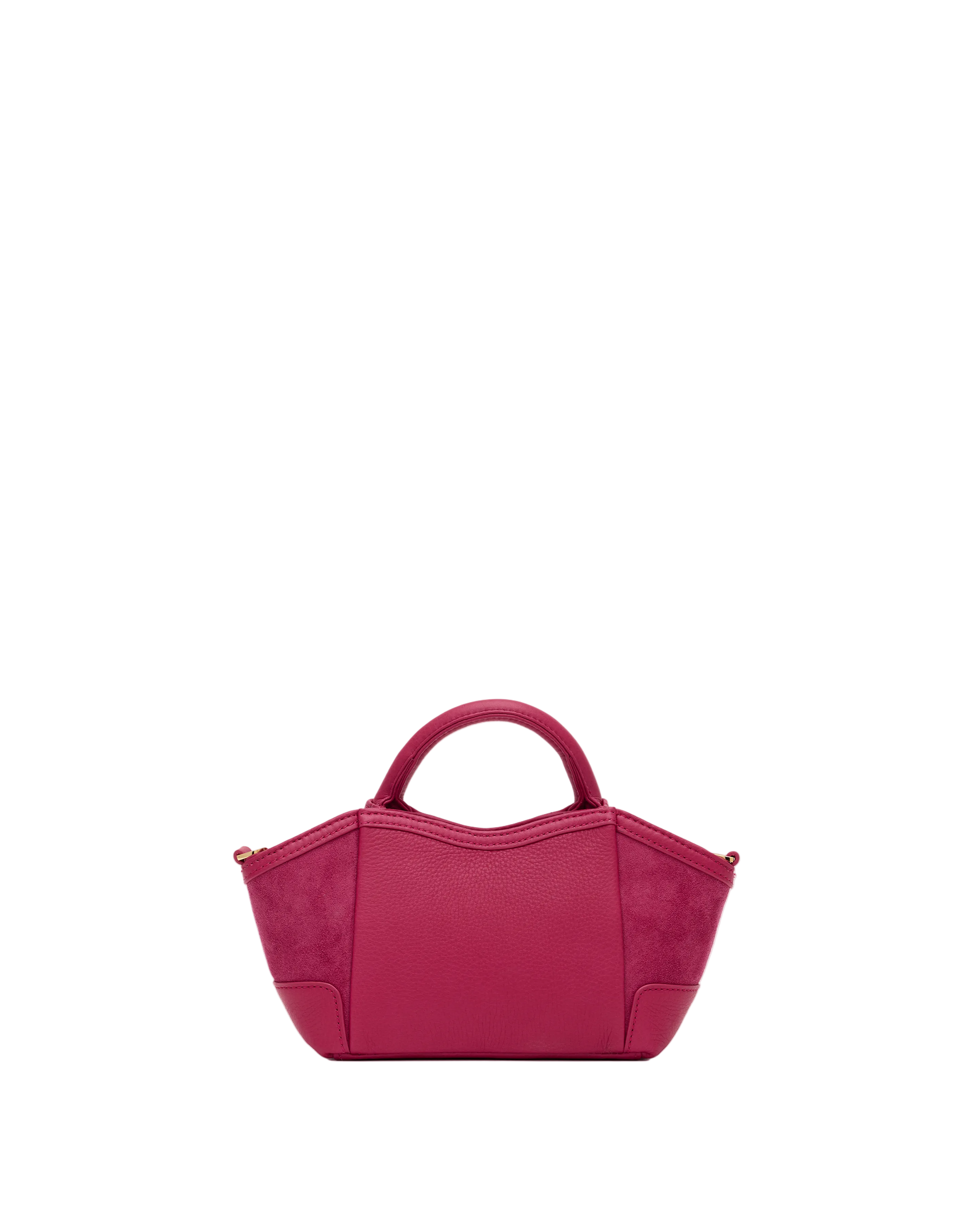 Back view of a magenta suede convertible mini bag with gold accents on a white background