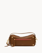 Brown cross body bag with gold accents on a white background
