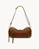 Brown cross body bag with gold accents on a white background