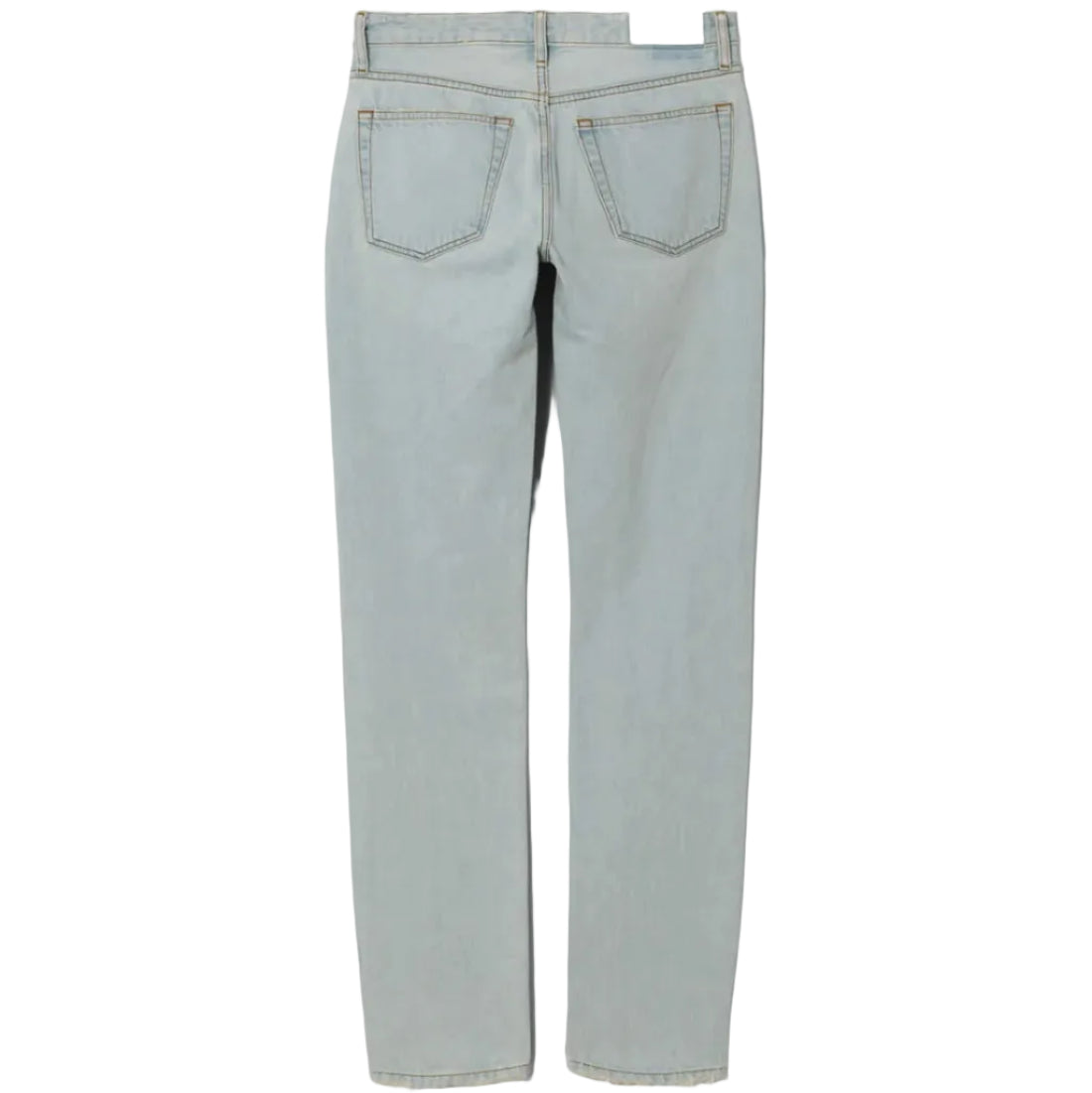 Back view of light blue jeans on a white background