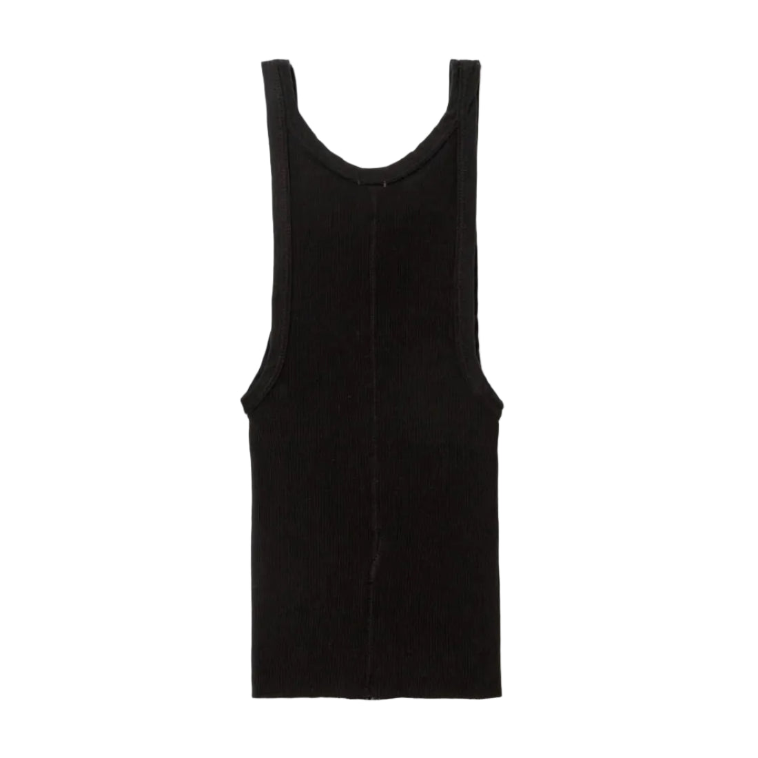 Back view of a black tank top on a white background