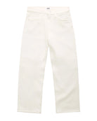 A pair of off-white denim jeans laid flat against a clean white background.