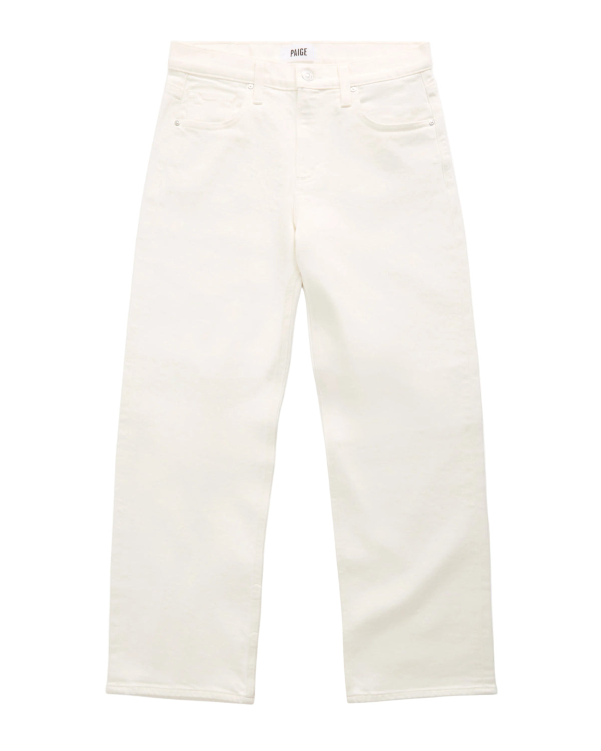 A pair of off-white denim jeans laid flat against a clean white background.