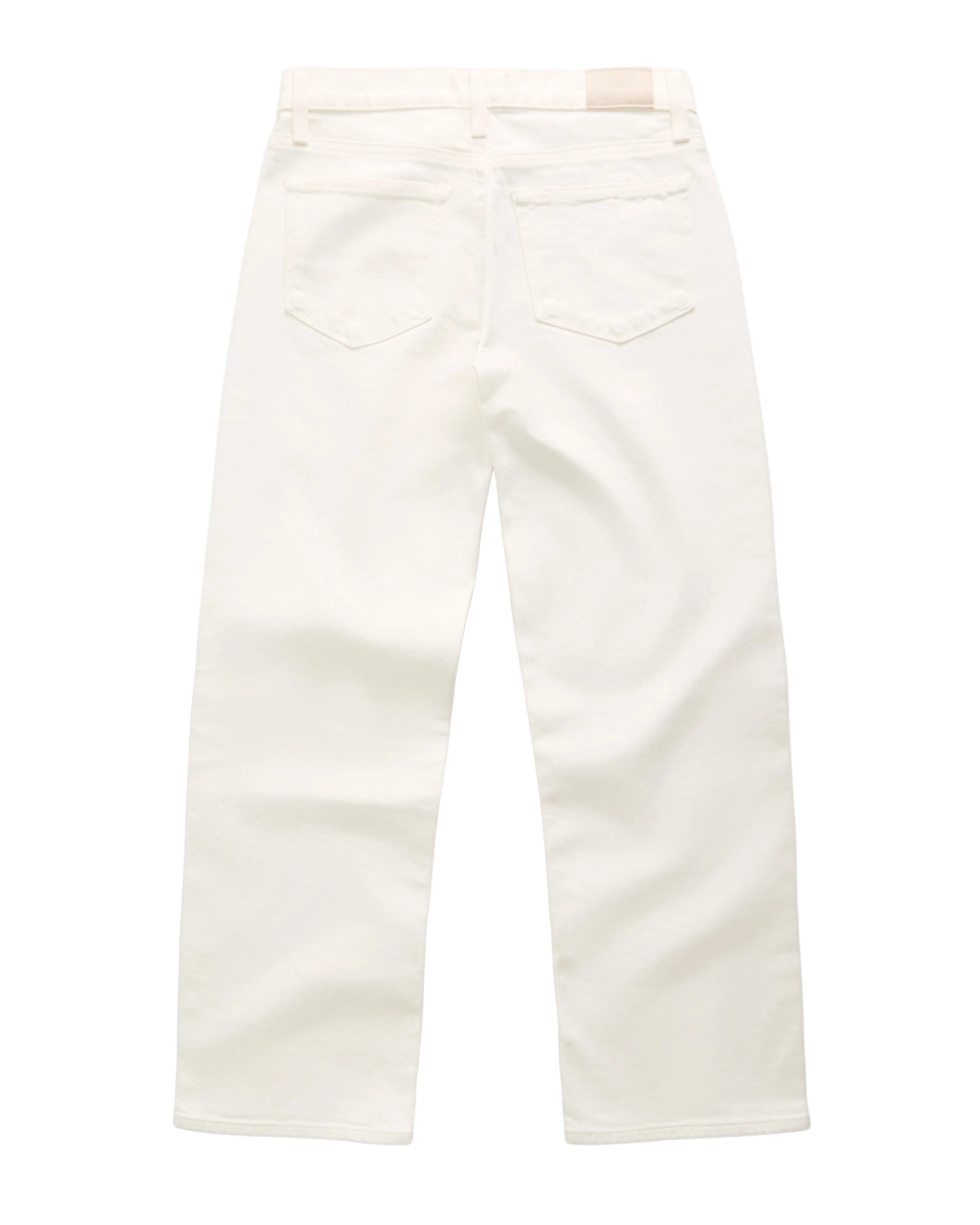 A pair of off-white or cream-colored jeans shown from the back, featuring two back pockets and a belt loop, laid flat against a clean white background.