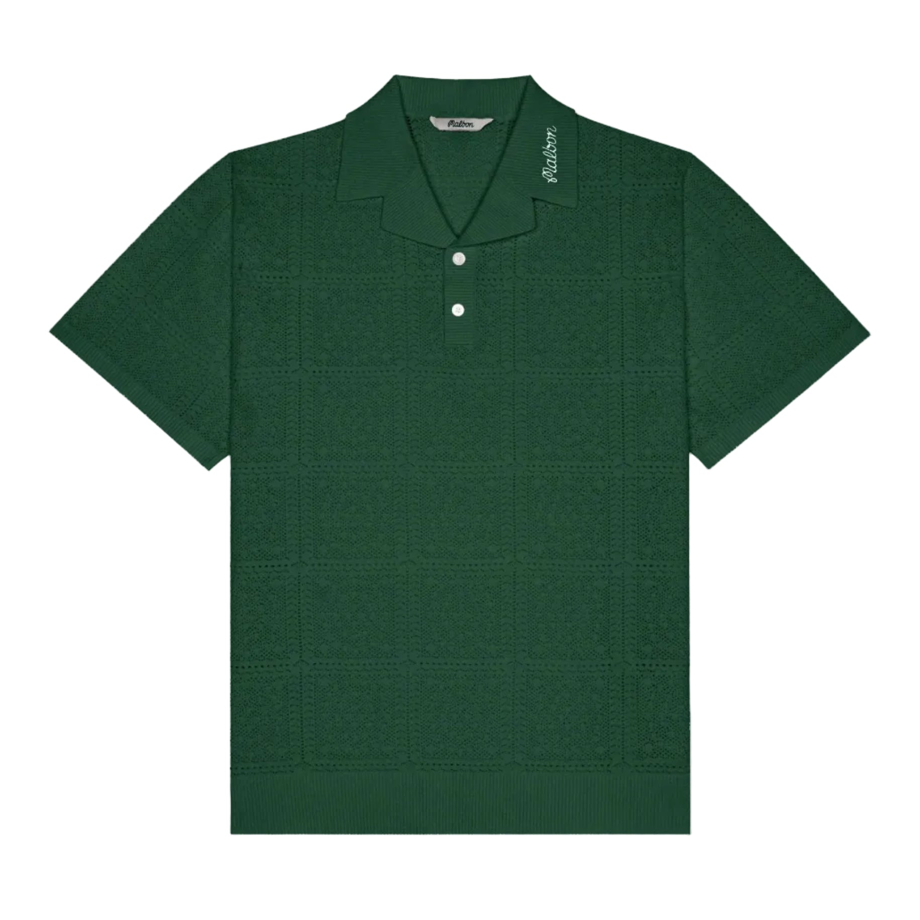 Green polo shirt with a brand logo on a white background