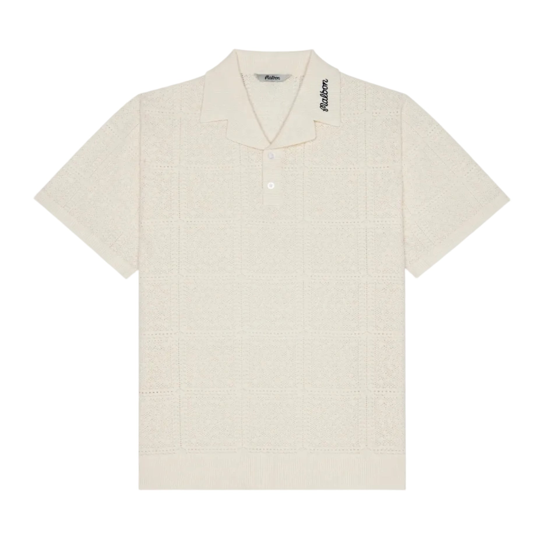 Beige short-sleeve shirt with a brand logo on a white background