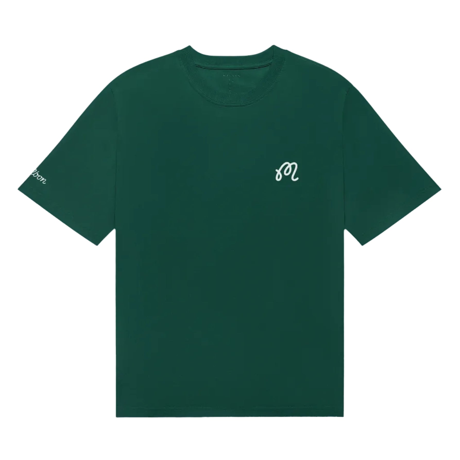 Green t-shirt with an 'M' logo on the chest on a white background
