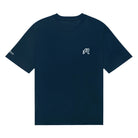 Navy blue t-shirt with a white logo on a white background