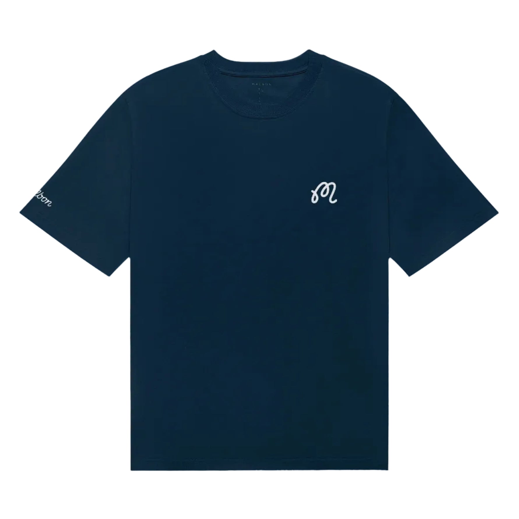 Navy blue t-shirt with a white logo on a white background