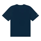 Back of a navy blue t-shirt on a white background